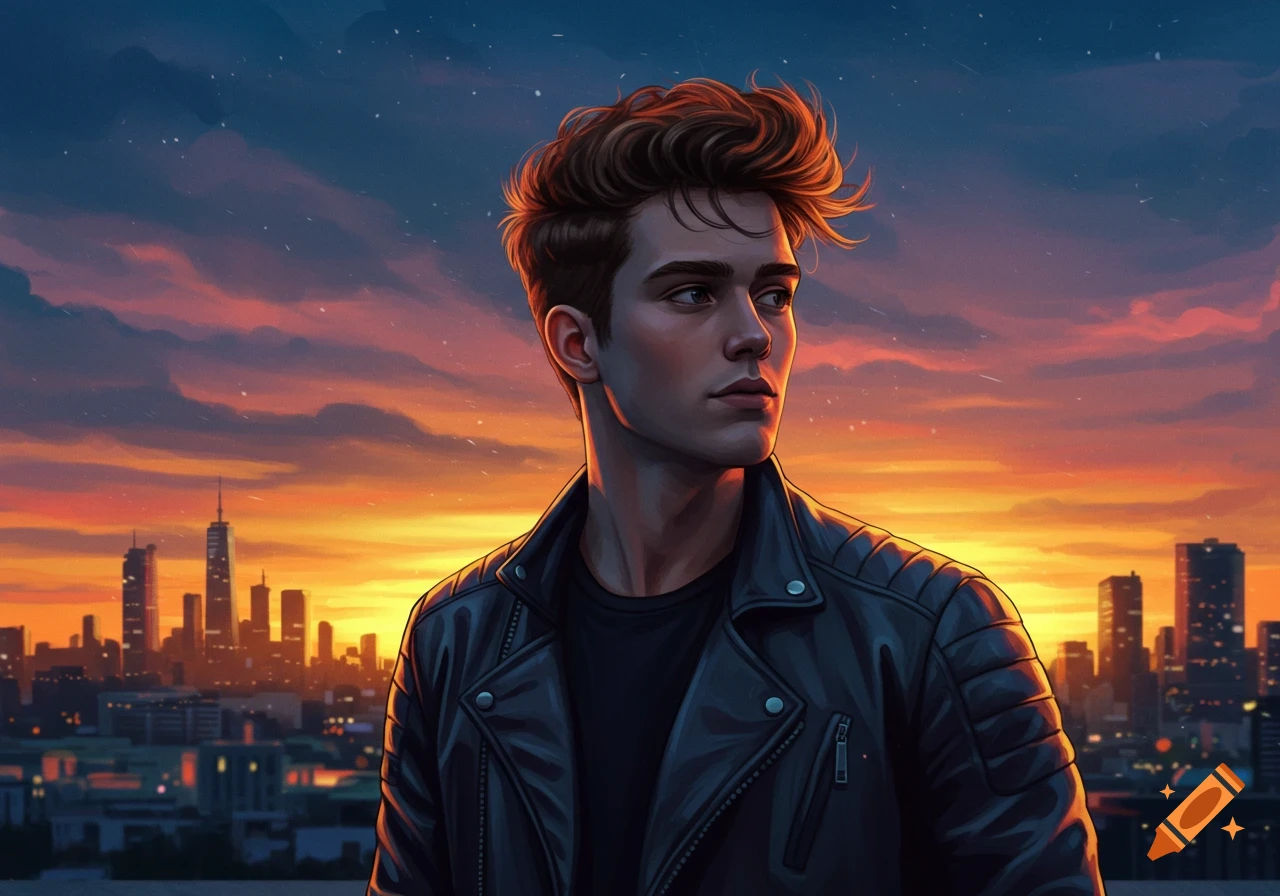 Illustrated portrait of a young man with wavy hair, wearing a leather jacket, looking right over a city skyline at sunset.