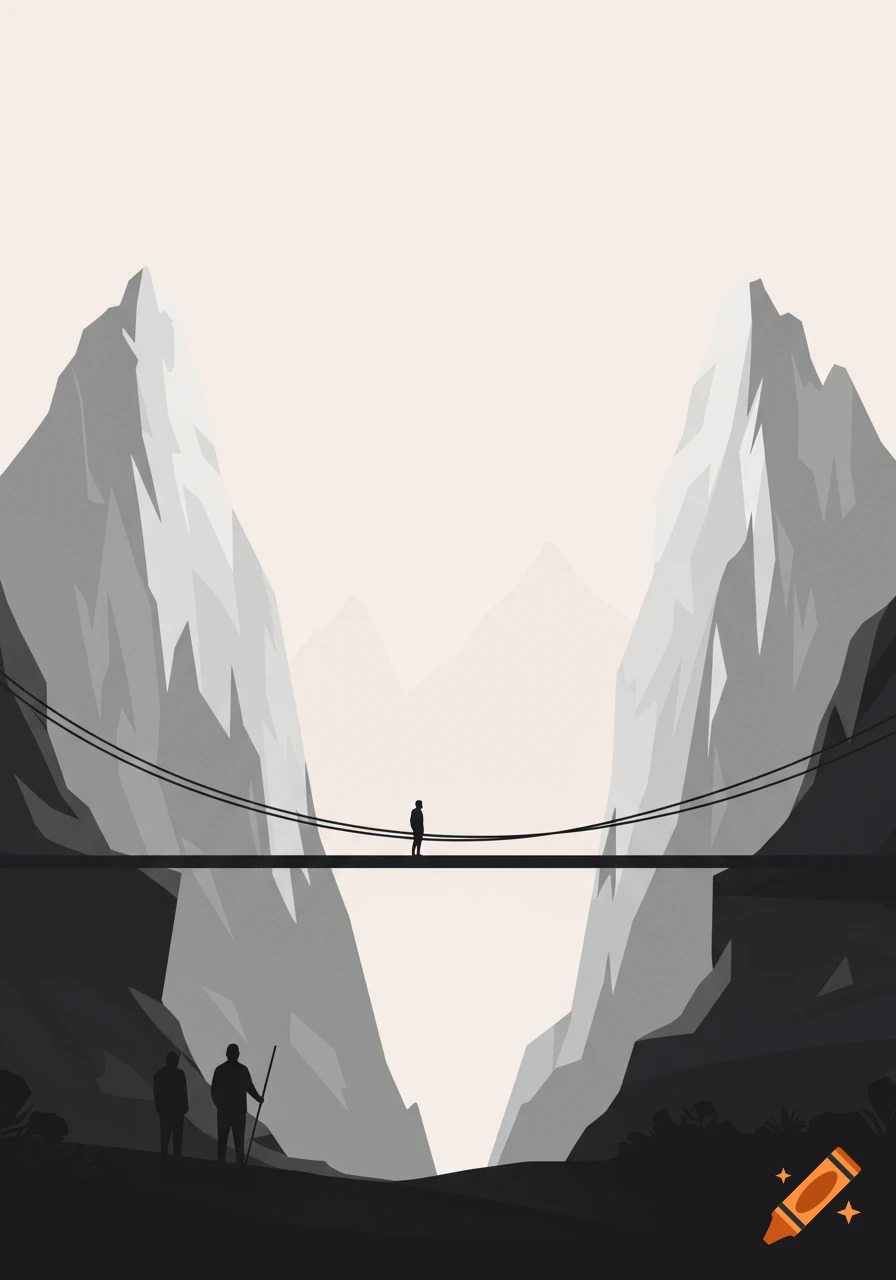 Minimalist graphic art of a person on a bridge over a gorge between stylized mountains, with two figures on the left.