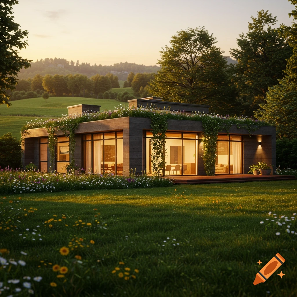 A modern house with a green roof and large windows, surrounded by a lush green lawn and trees under a warm sunset sky.