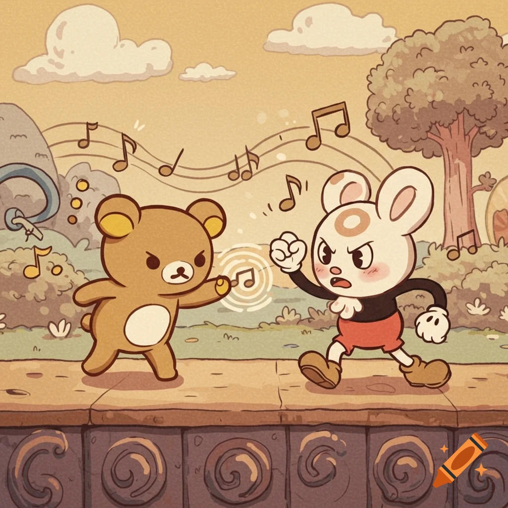 A brown bear and a white rabbit character in a Cuphead-style retro cartoon battle with musical notes.