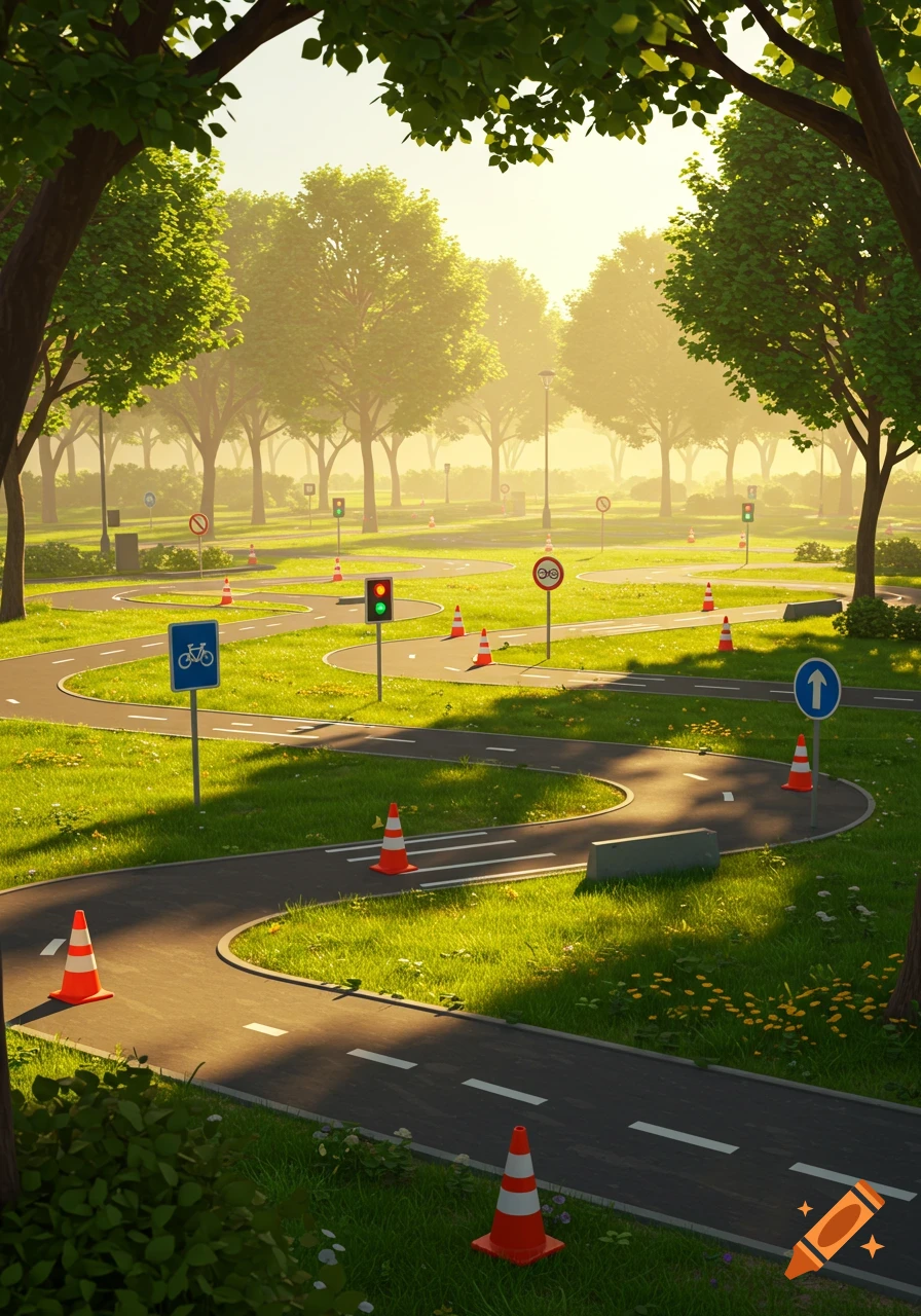 A rendered bicycle traffic training course in a sunny park with winding roads, cones, lights, and signs.
