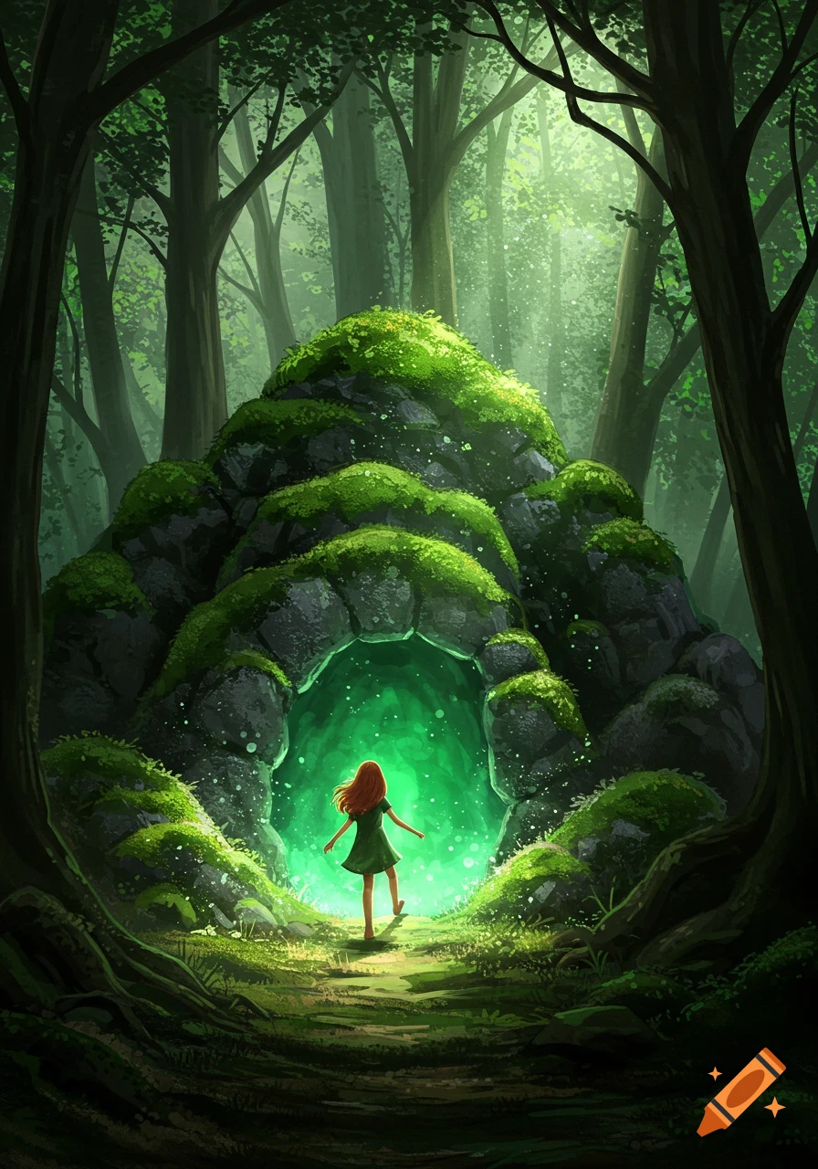 A red-haired girl in a green dress approaches a glowing green cave entrance in a lush, stylized forest.
