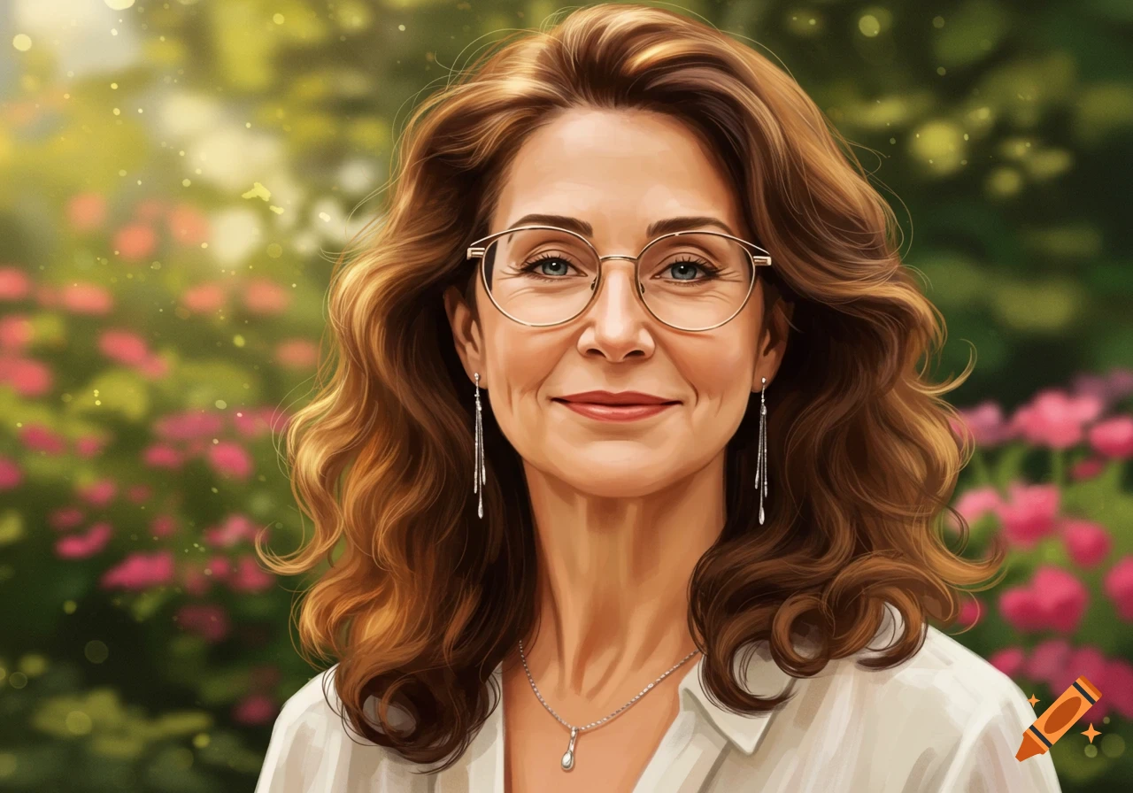Smiling woman with wavy brown hair, glasses, long earrings, a white shirt, and silver necklace, against a bokeh garden.