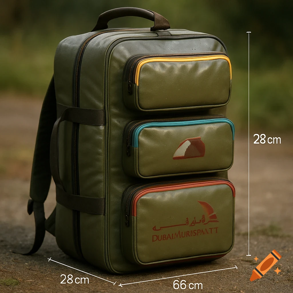 Olive green backpack with three front pockets, brown straps, and a logo with garbled text on the bottom pocket, displayed with dimensions on an outdoor background.