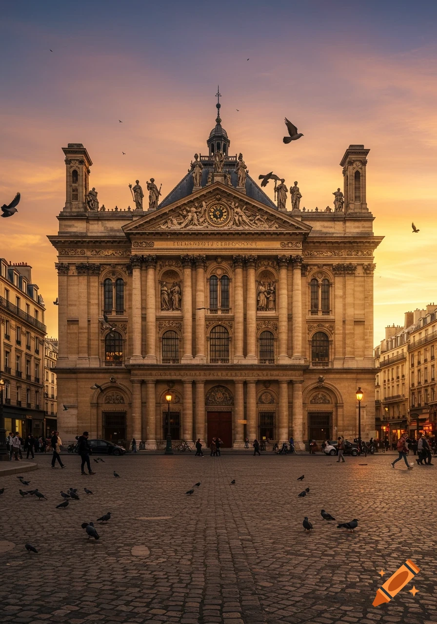 Photorealistic image of a grand classical building with sculptures and a clock, overlooking a cobblestone square at sunset, with people and pigeons.