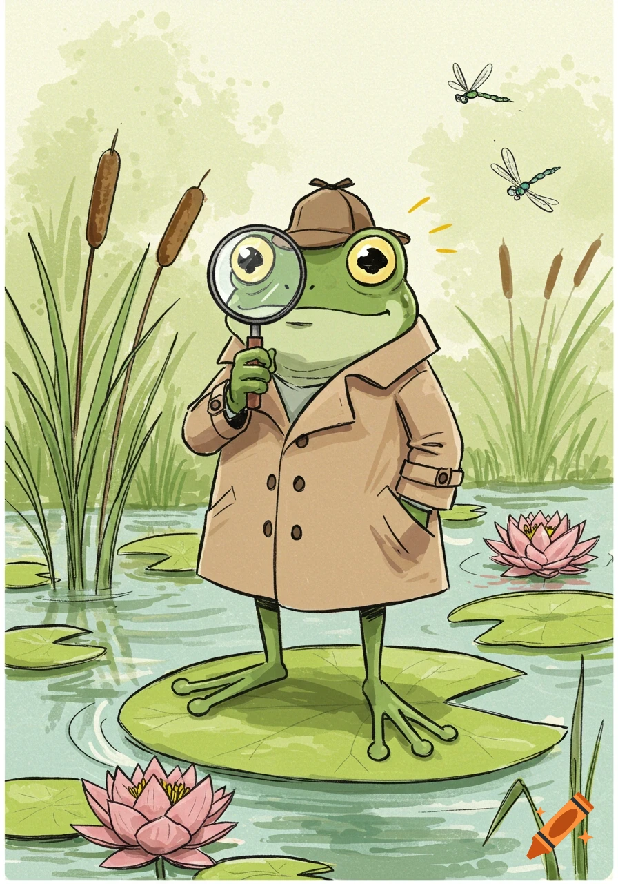 A cartoony illustrative frog detective wearing a trench coat, holding a magnifying glass, standing on a lily pad in a pond.