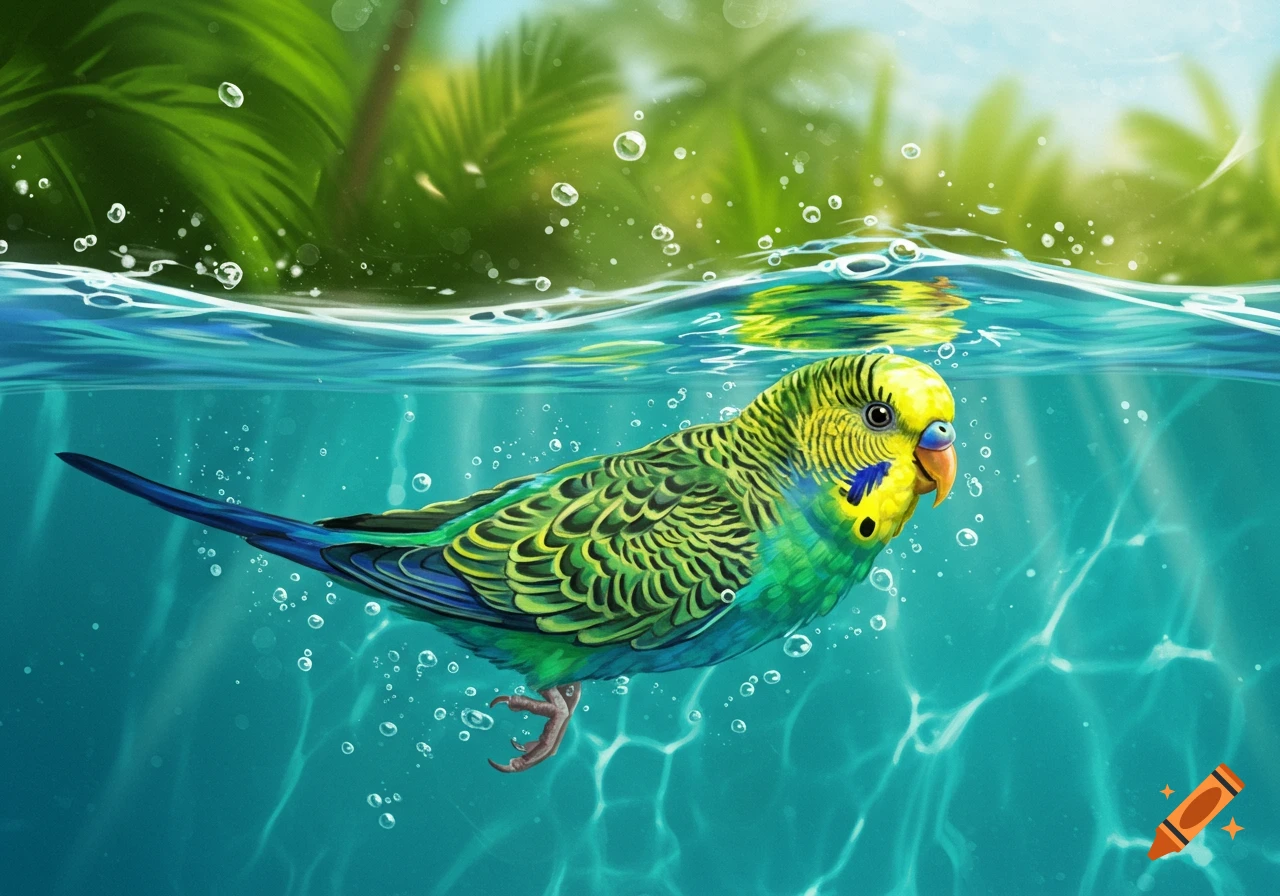 A green and yellow budgie swims underwater in clear blue water with tropical leaves above. Detailed illustration.