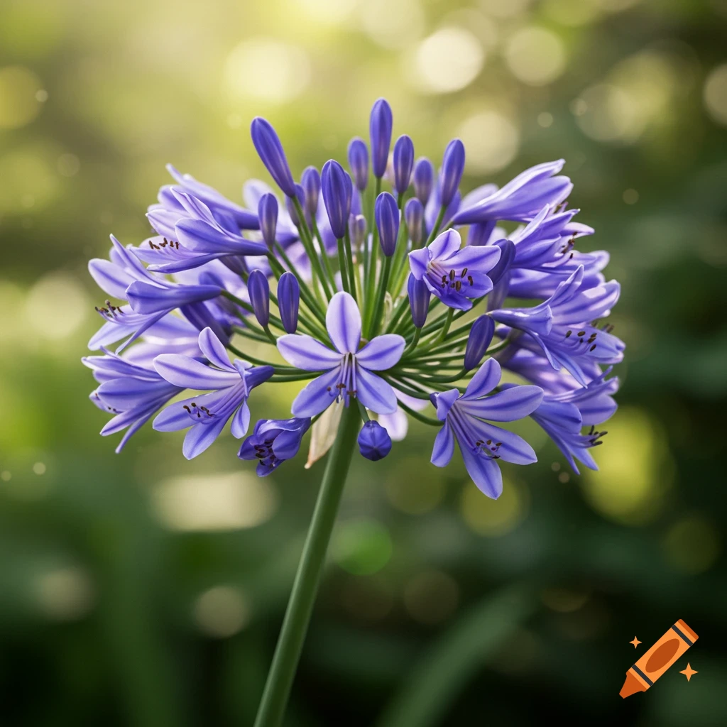 A vibrant purple Agapanthus flower with developing buds stands tall against a soft, sunlit bokeh background.