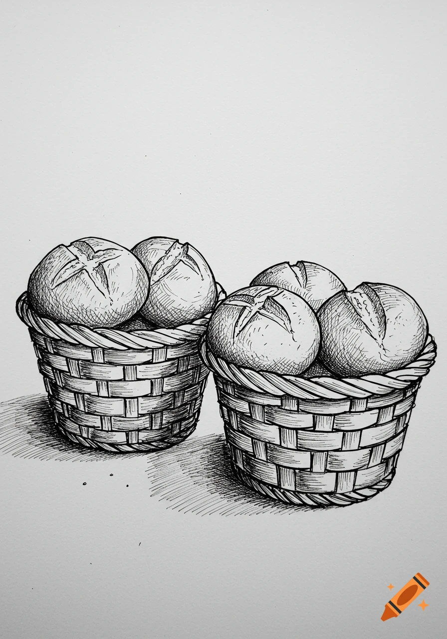 Black and white sketch of two wicker baskets filled with bread rolls.