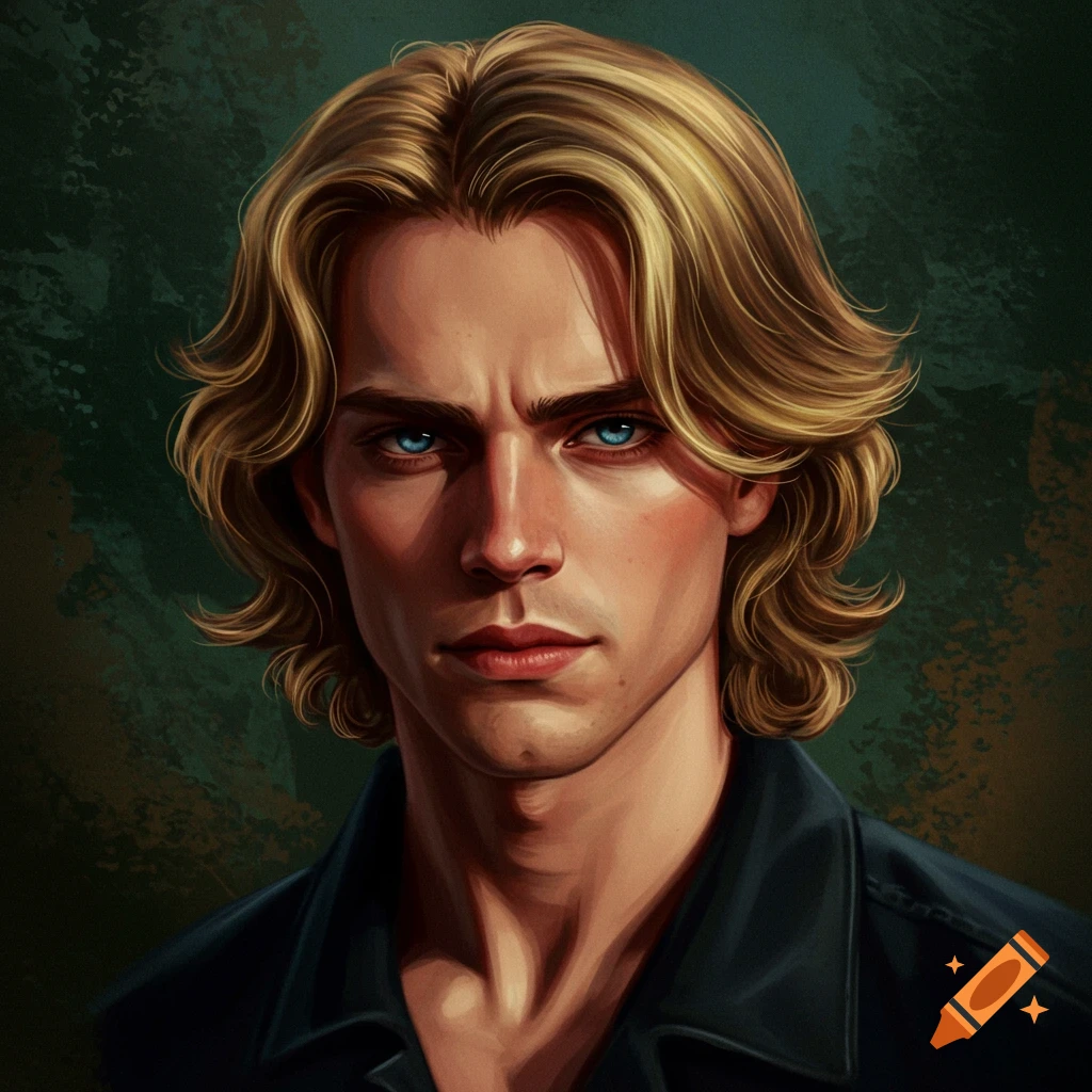 Digital painting of a brooding young man with shoulder-length blonde hair and striking blue eyes.