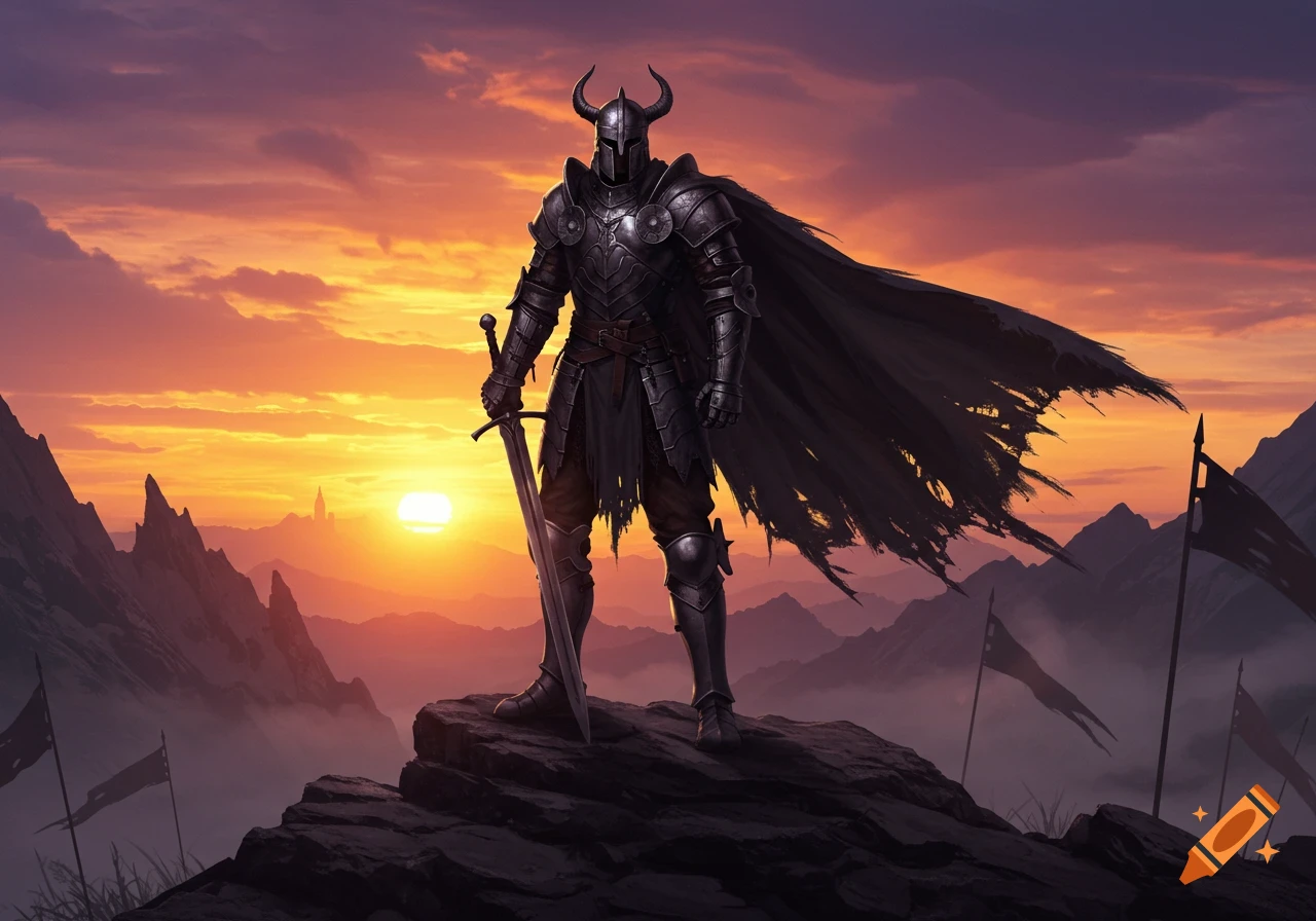 A horned warrior in dark armor with a tattered cape stands on a rocky peak, holding a sword against a dramatic orange sunset over mountains.