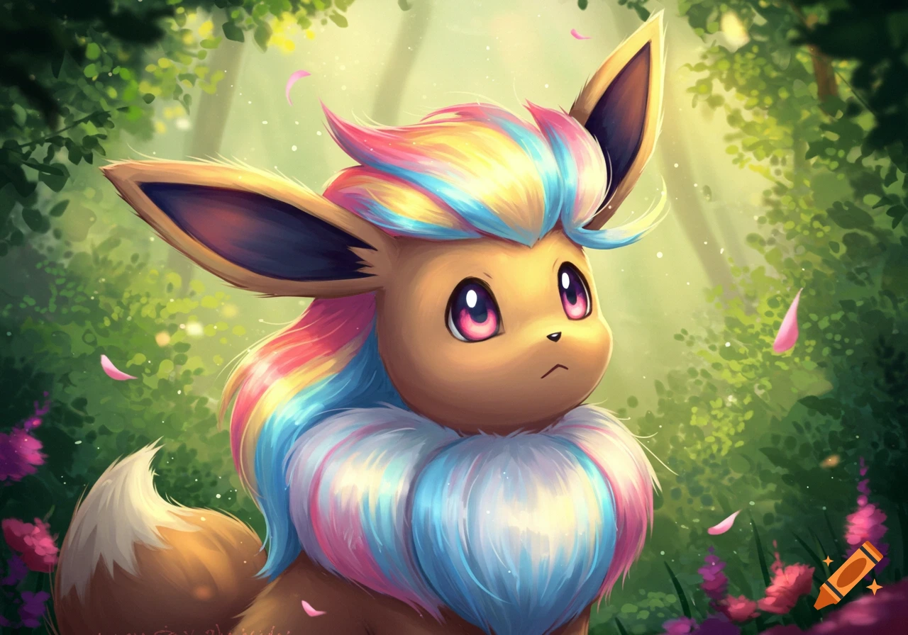 A cartoon Eevee with a brown body, large ears, and a vibrant rainbow-colored mane and neck fur sits in a sun-dappled green forest.
