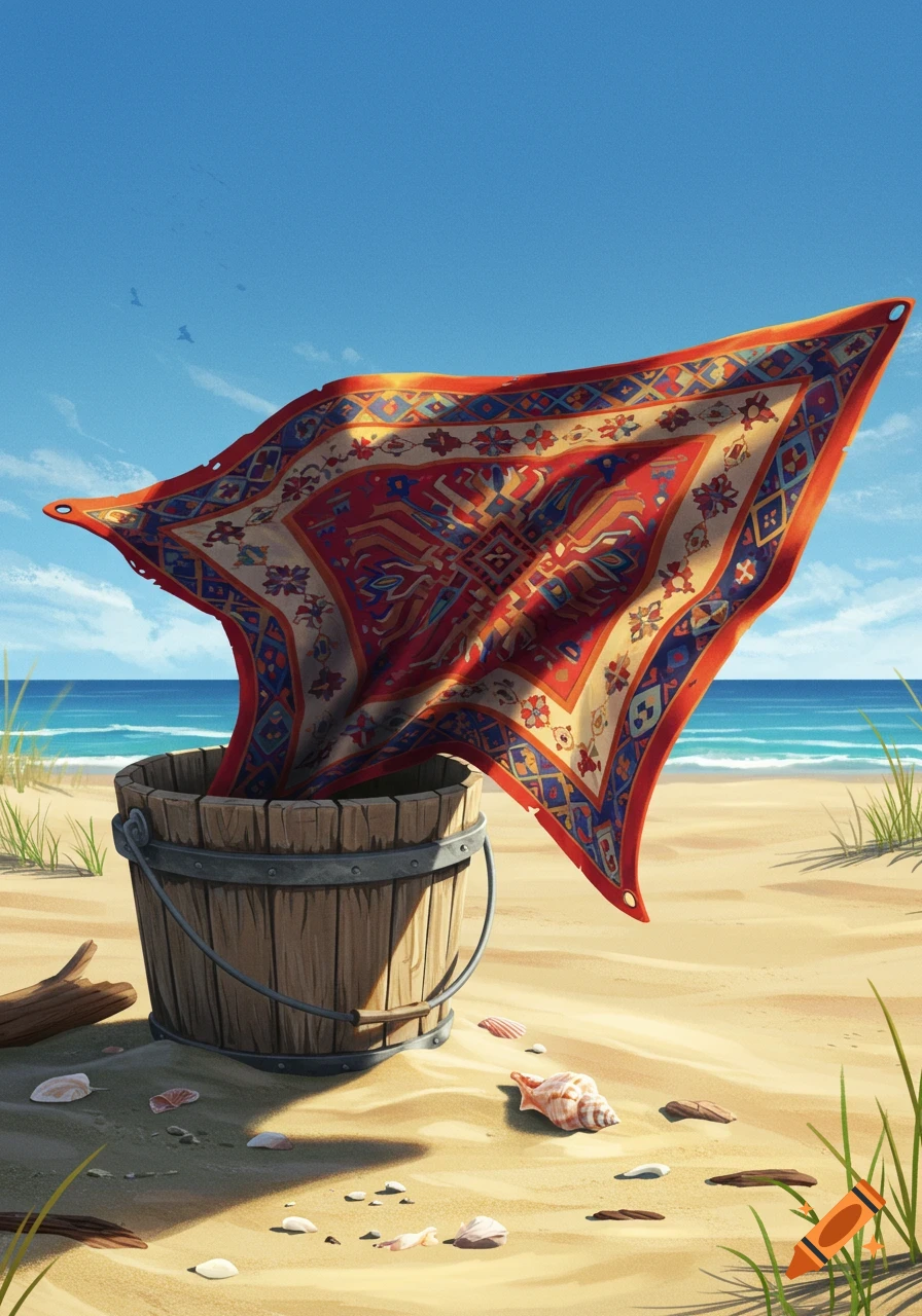 A vibrant, ornate rug drapes from a wooden bucket on a sandy beach with seashells and ocean waves. Illustration.