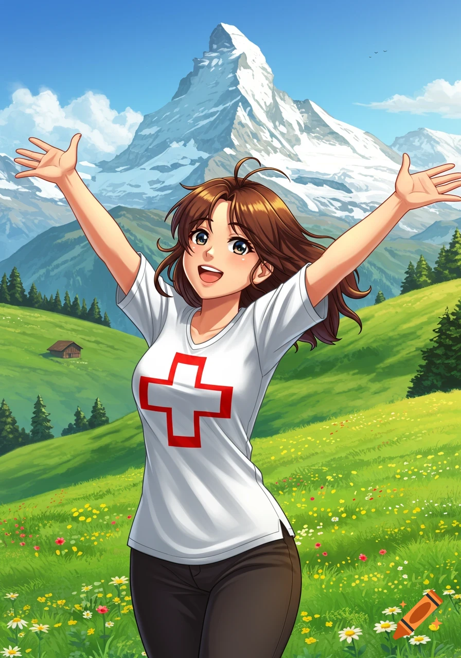 Anime girl with arms raised, wearing a white shirt with a red cross, standing in a flower-filled mountain meadow with a snowy peak in the background.