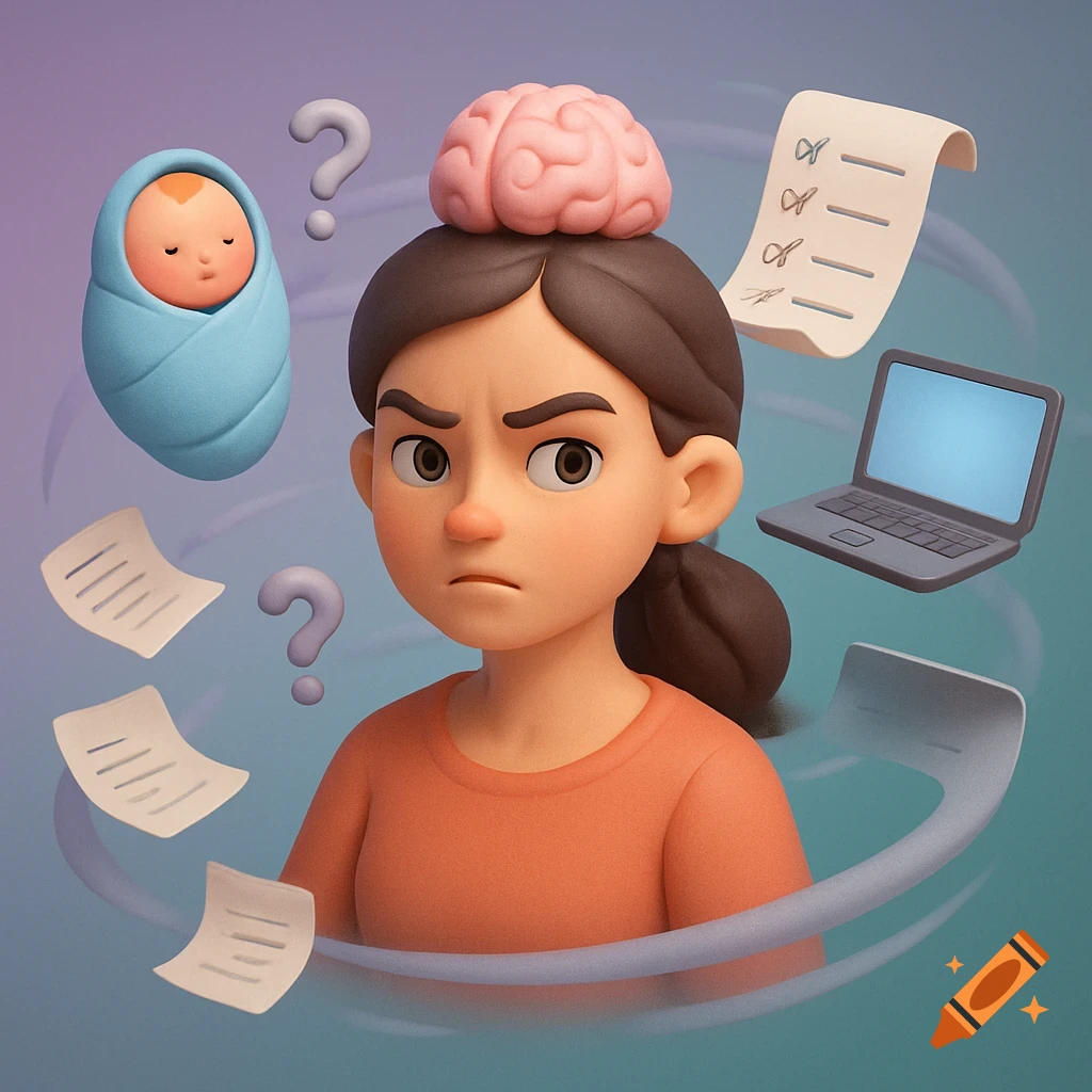 A 3D illustration of a stressed woman with a brain on her head, surrounded by a baby, laptop, to-do list, papers, and question marks.
