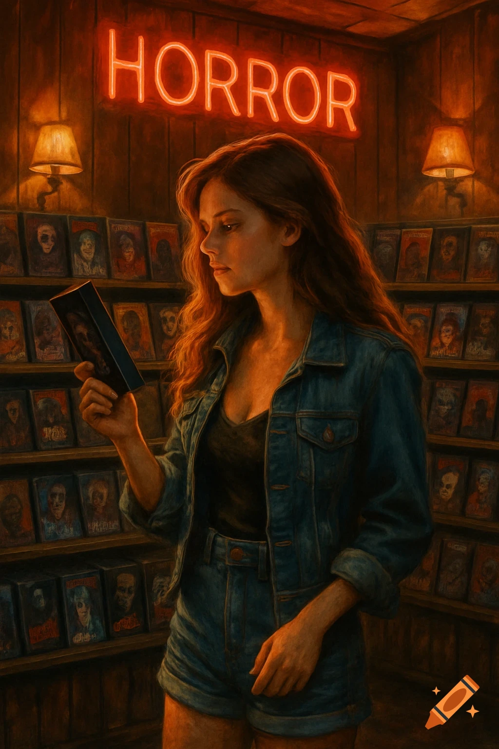 A pretty teenage girl browses VHS horror movies in a warmly lit 1990s video store, holding a tape, under a neon 'HORROR' sign.