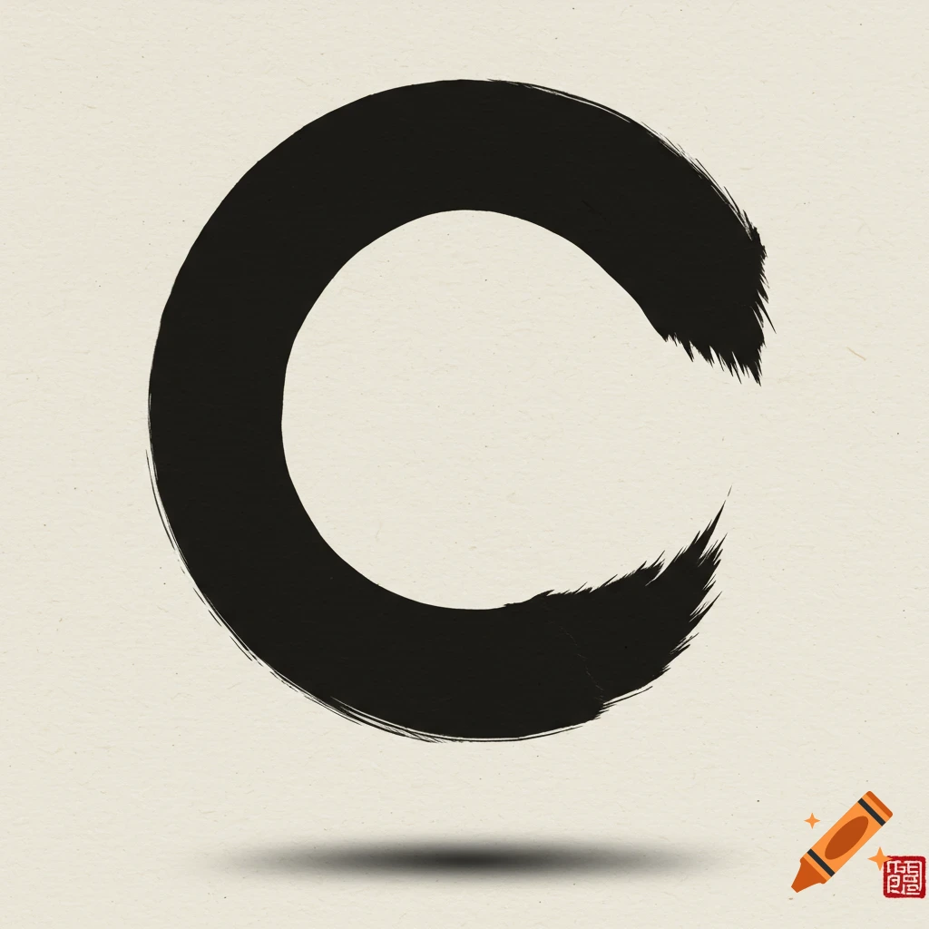 A black brushstroke Ens\u014d circle on a textured, light beige paper background with a shadow beneath and a red seal in the bottom right corner.