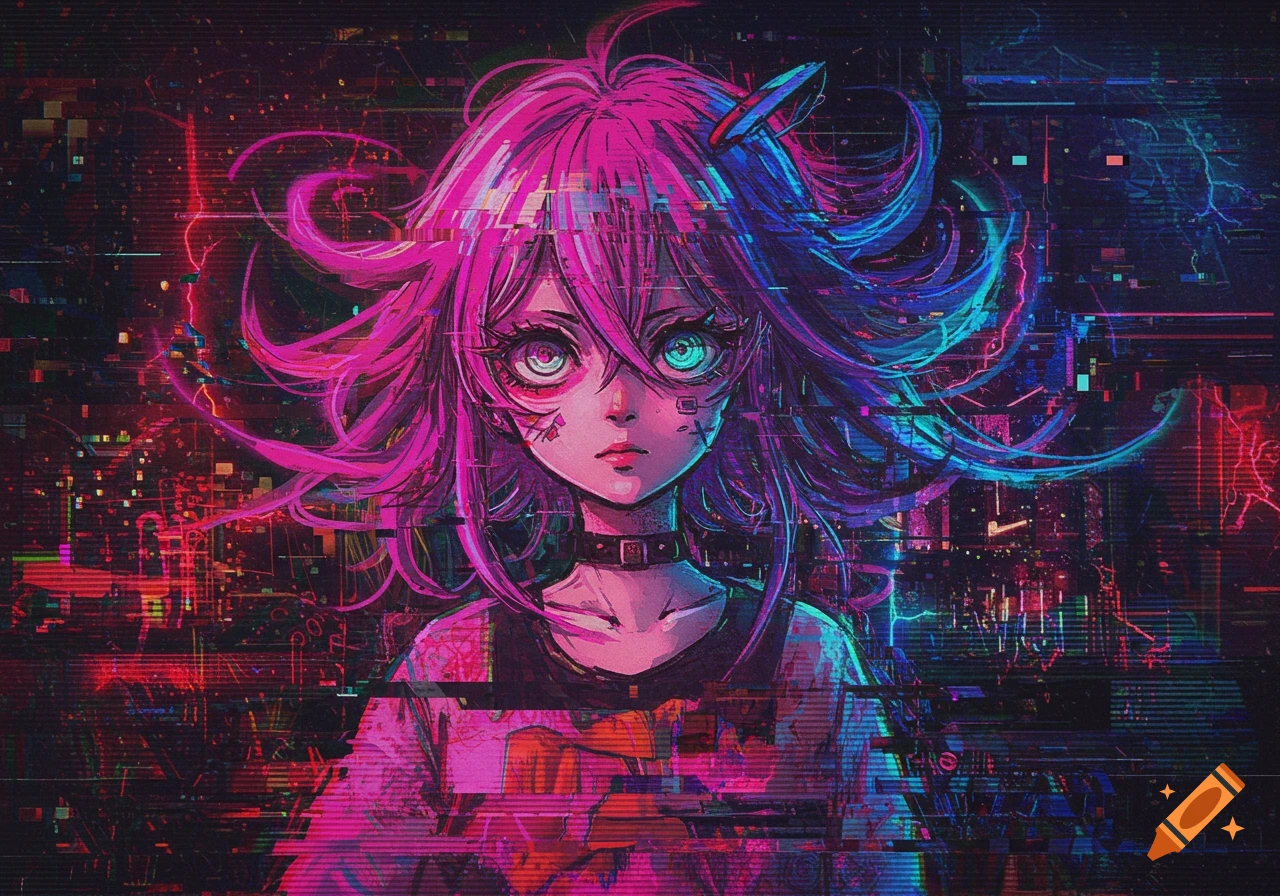 Cyberpunk anime girl with vibrant pink and blue hair, glowing eyes, and a glitch art aesthetic.