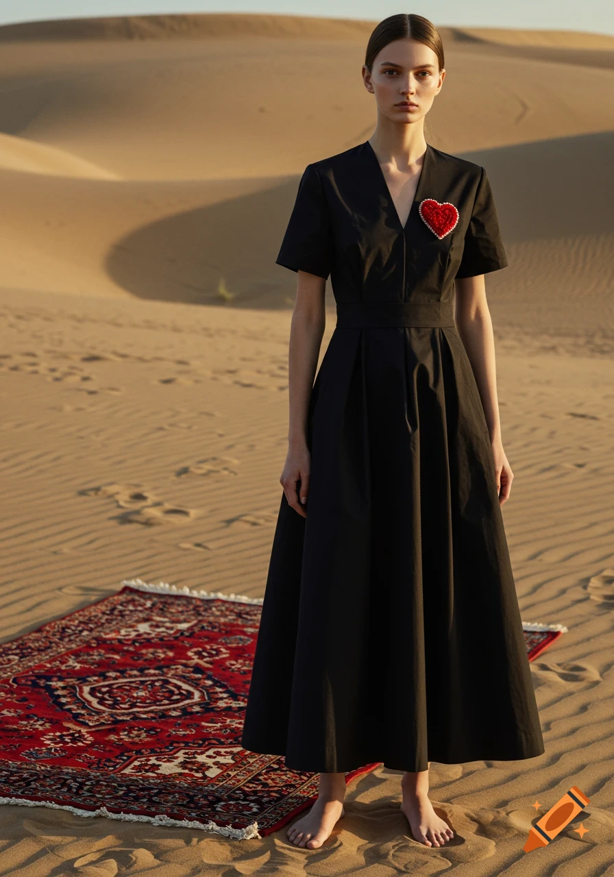 A female model in a black dress with a red heart brooch stands barefoot on a red Persian carpet in a desert at golden hour.