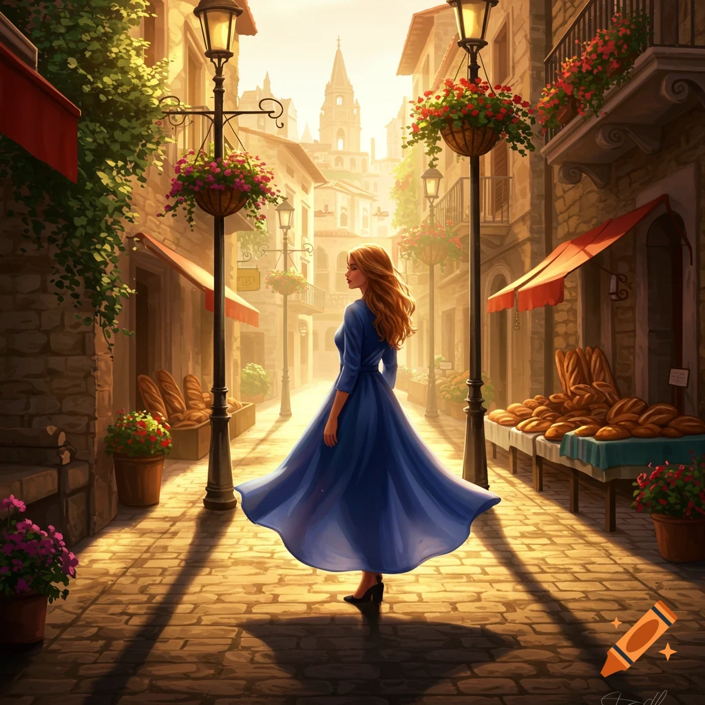 A woman in a flowing blue dress walks down a sunlit cobblestone street lined with old buildings and flowers, in a digital painting.