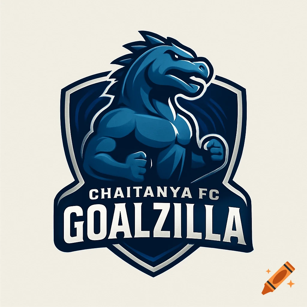 A blue, muscular, dragon-like creature on a shield-shaped logo with text CHAITANYA FC GOALZILLA.