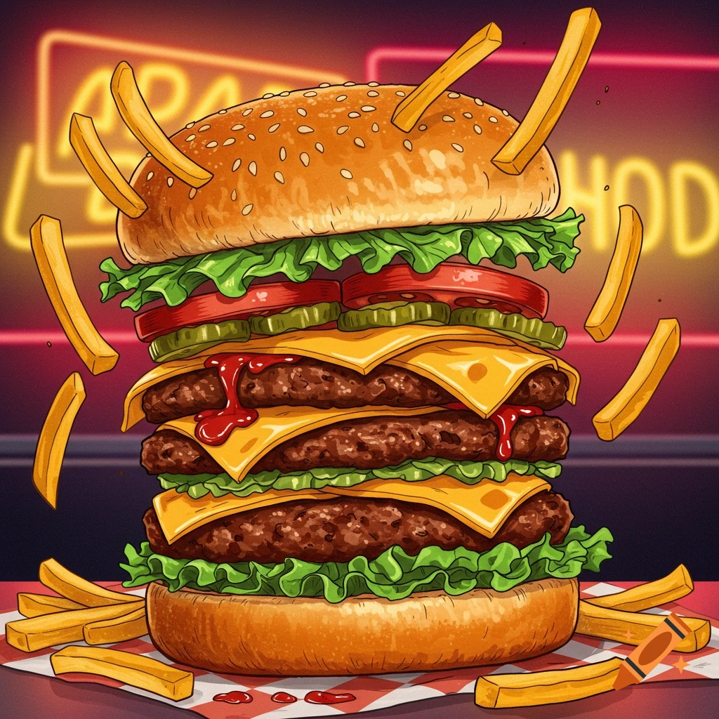 An illustrated triple cheeseburger with lettuce, tomato, and pickles, surrounded by flying french fries, against a neon-lit background.
