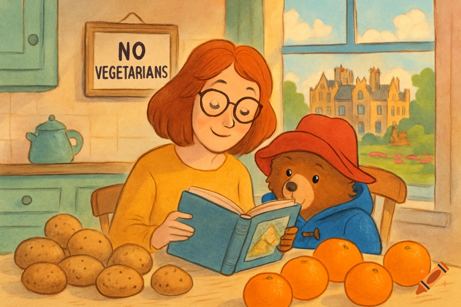 Cartoon of a woman and Paddington Bear reading a book in a kitchen with potatoes, oranges, and a 'NO VEGETARIANS' sign, an English mansion visible outside.