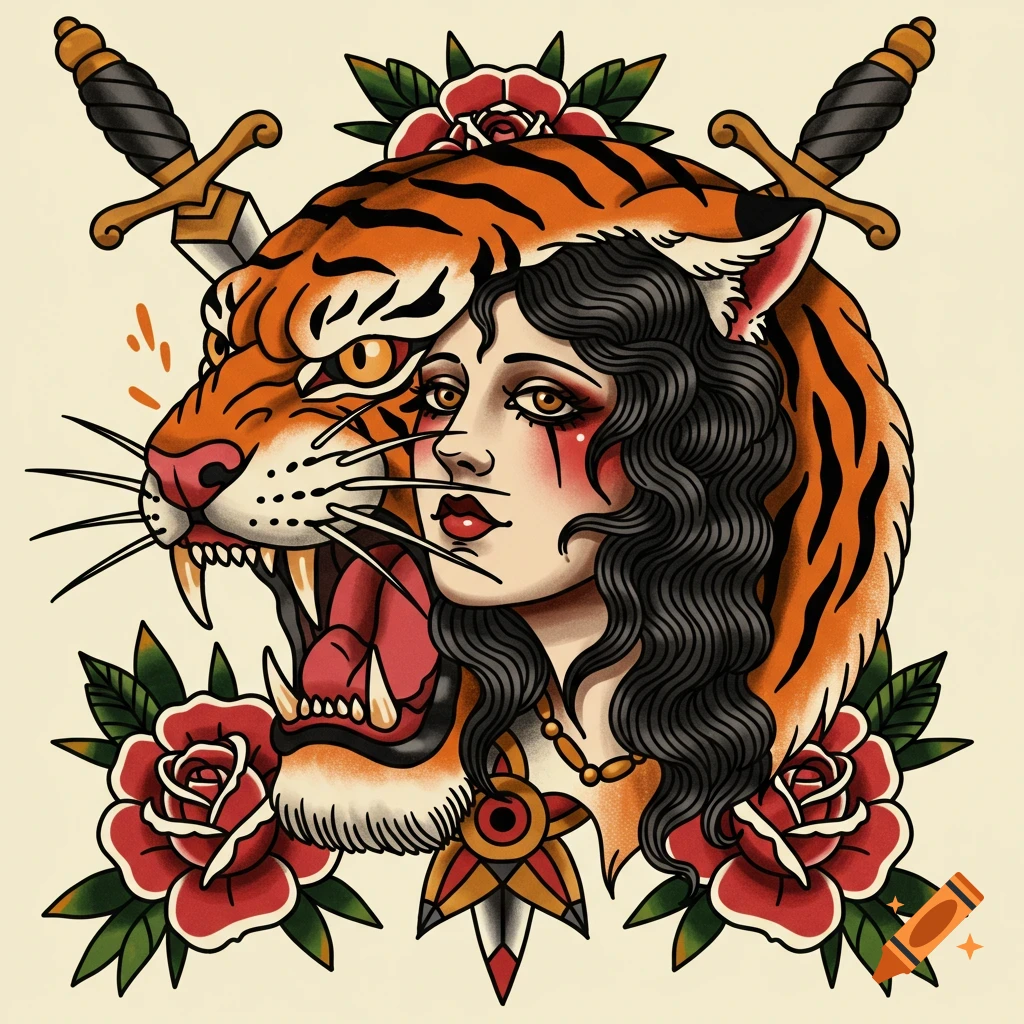 American traditional tattoo flash art of a woman's head in a tiger's mouth, with daggers and roses.