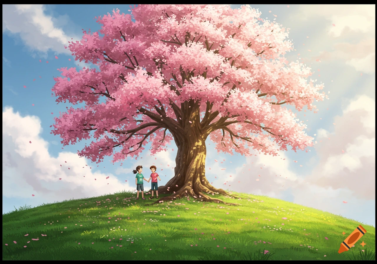 Two children stand on a green hill under a large, vibrant pink cherry blossom tree with falling petals in an anime style.