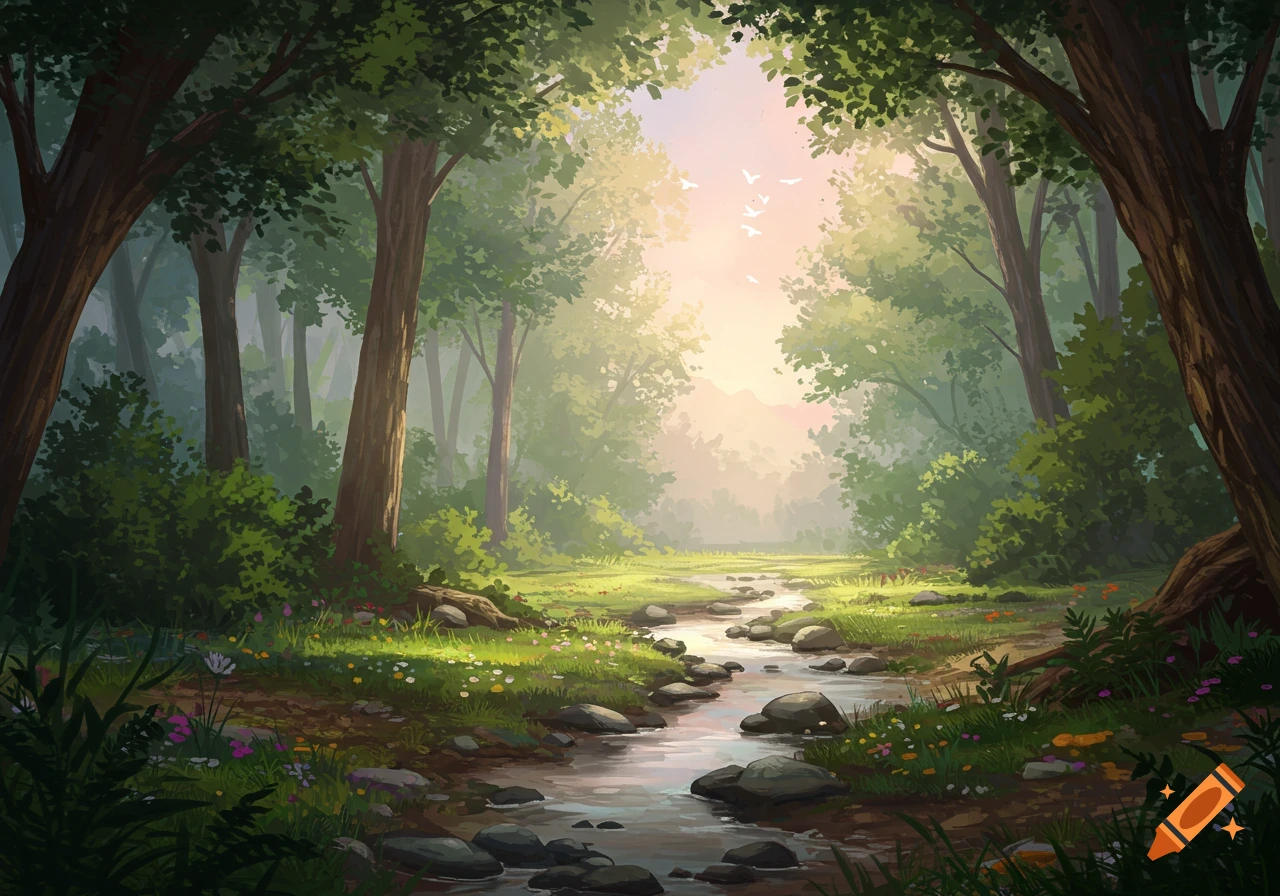 A vibrant, sunlit forest clearing with a rocky stream flowing through lush green grass and wildflowers. Dappled light filters through the trees.