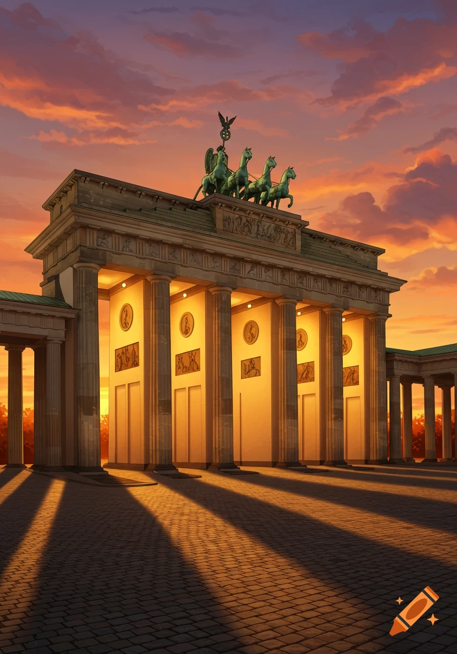 Digital painting of the Brandenburg Gate at sunset, with warm orange and purple clouds and long shadows.