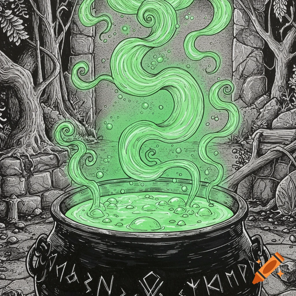 Line drawing of a bubbling cauldron with glowing green liquid and swirling steam in a dark, overgrown forest.