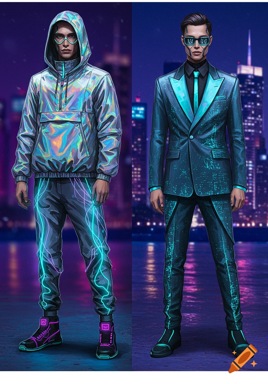 Two men showcase futuristic streetwear, one in a holographic hoodie and glowing pants, the other in a circuit-patterned suit and tie, against a neon city backdrop.
