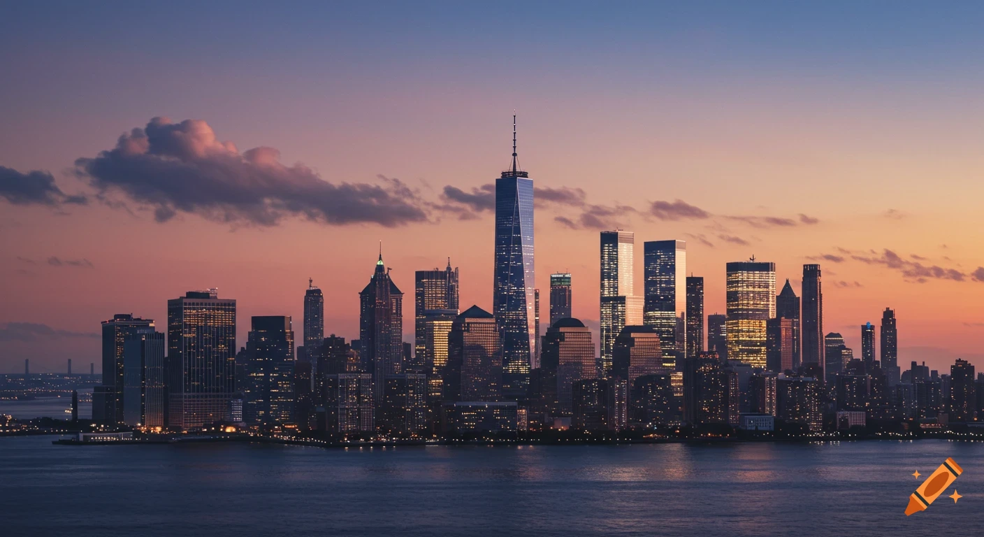 Photorealistic image of the New York City skyline at sunset, with buildings reflected in the water.