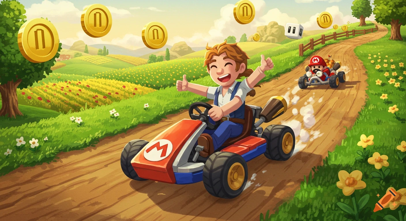 A cheerful Stardew Valley-style character in a go-kart races Mario on a dirt track through a vibrant, cartoonish rural landscape under a sunny sky.