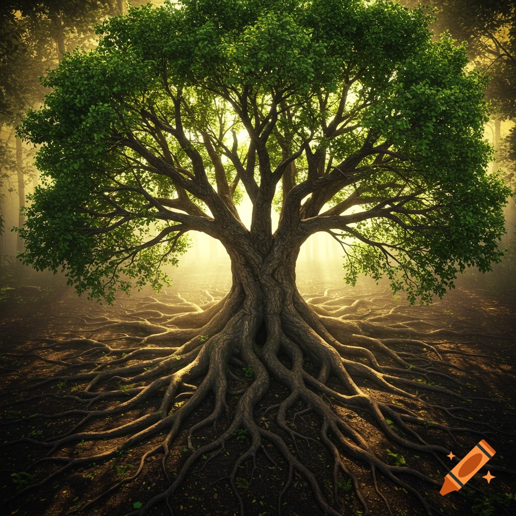 Large ancient tree with prominent exposed roots, lit by golden light in a misty forest, photorealistic.