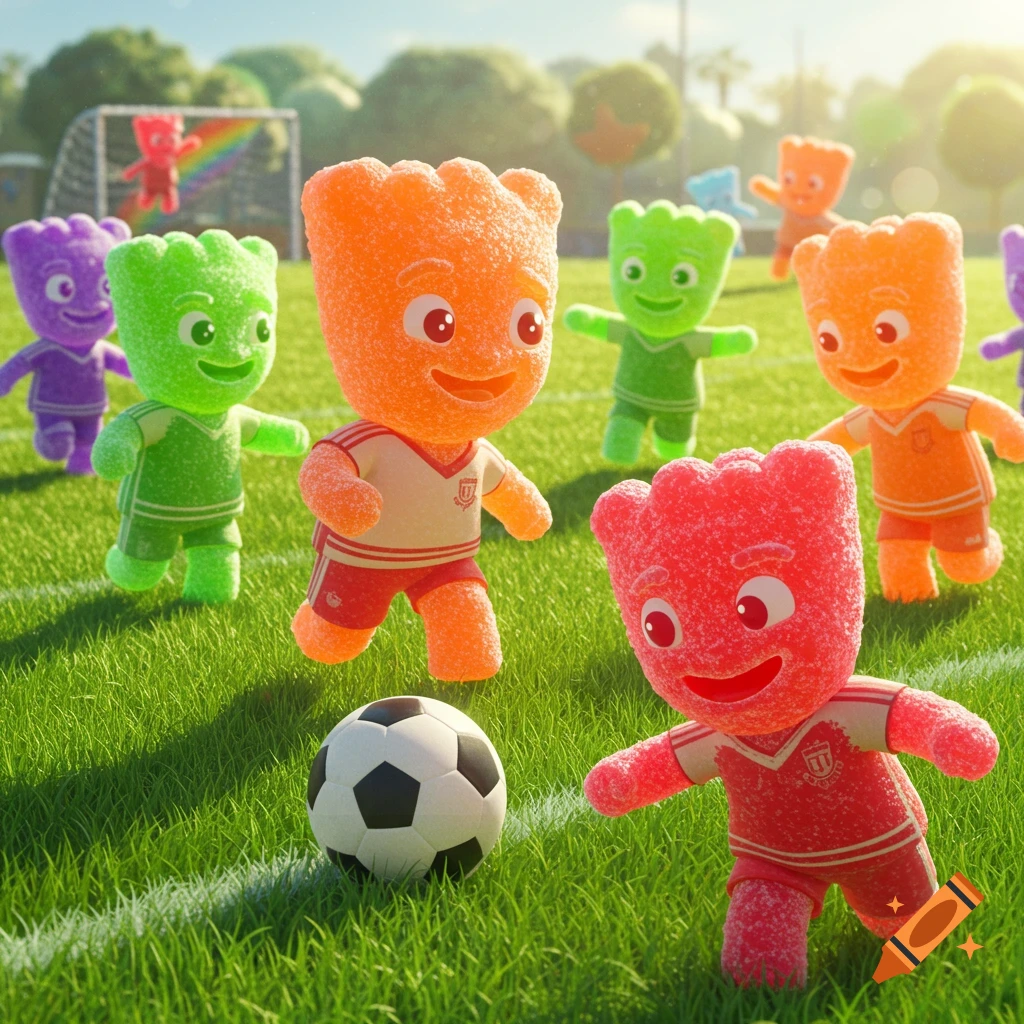 Colorful gummy candy characters with sour patch kid design playing soccer on a green field under a sunny sky in a children's book illustration style.