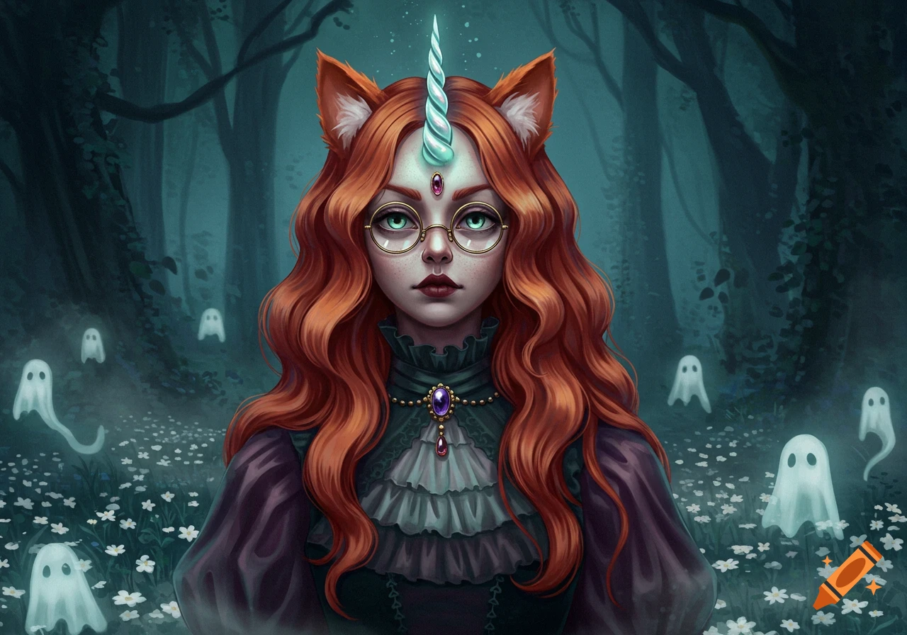 A gothic fantasy portrait of a red-haired woman with glasses, cat ears, and a unicorn horn, in a spooky forest with ghosts and white flowers.