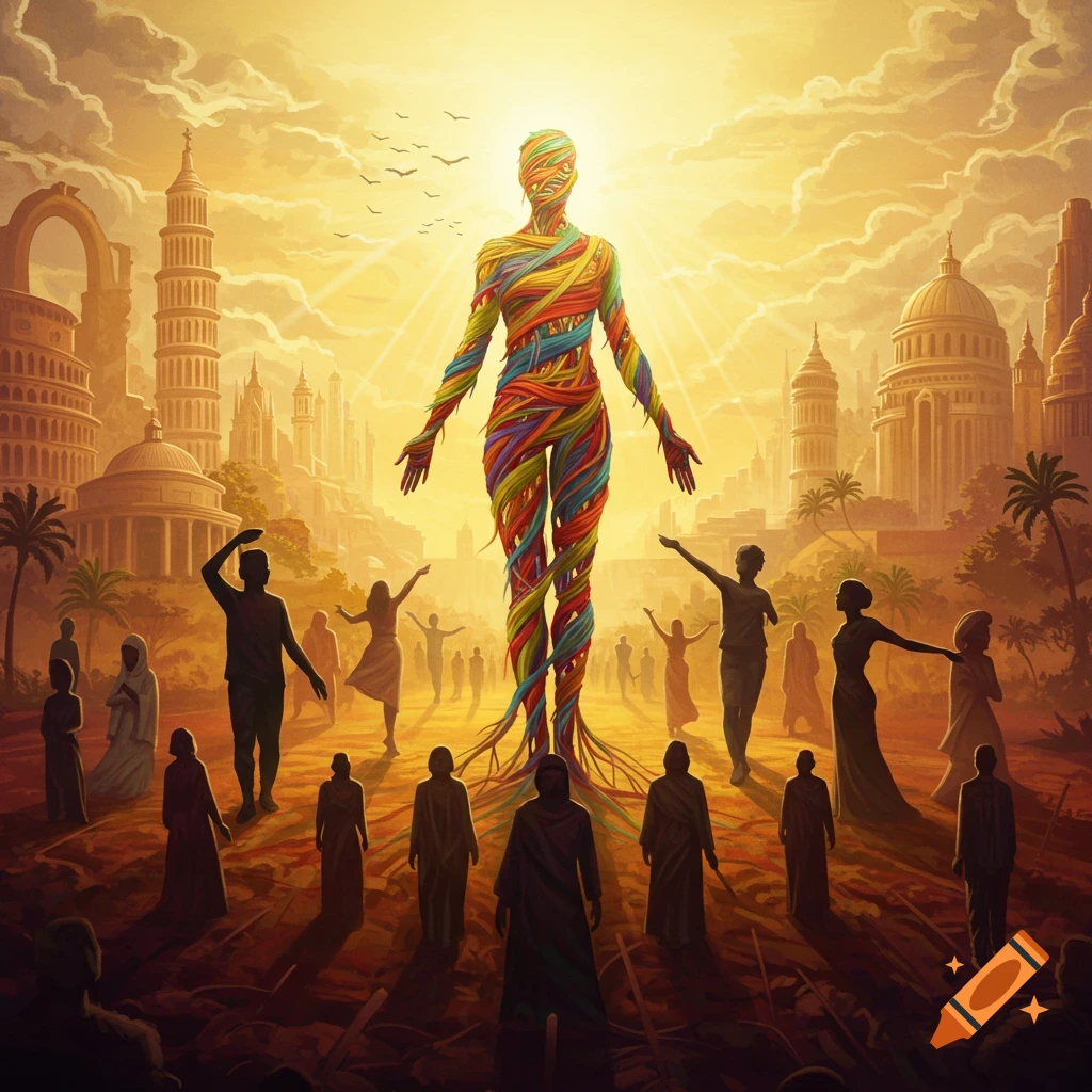 A vibrant, thread-wrapped giant stands among silhouetted people, iconic world landmarks, under a golden, radiant sky, digital art.