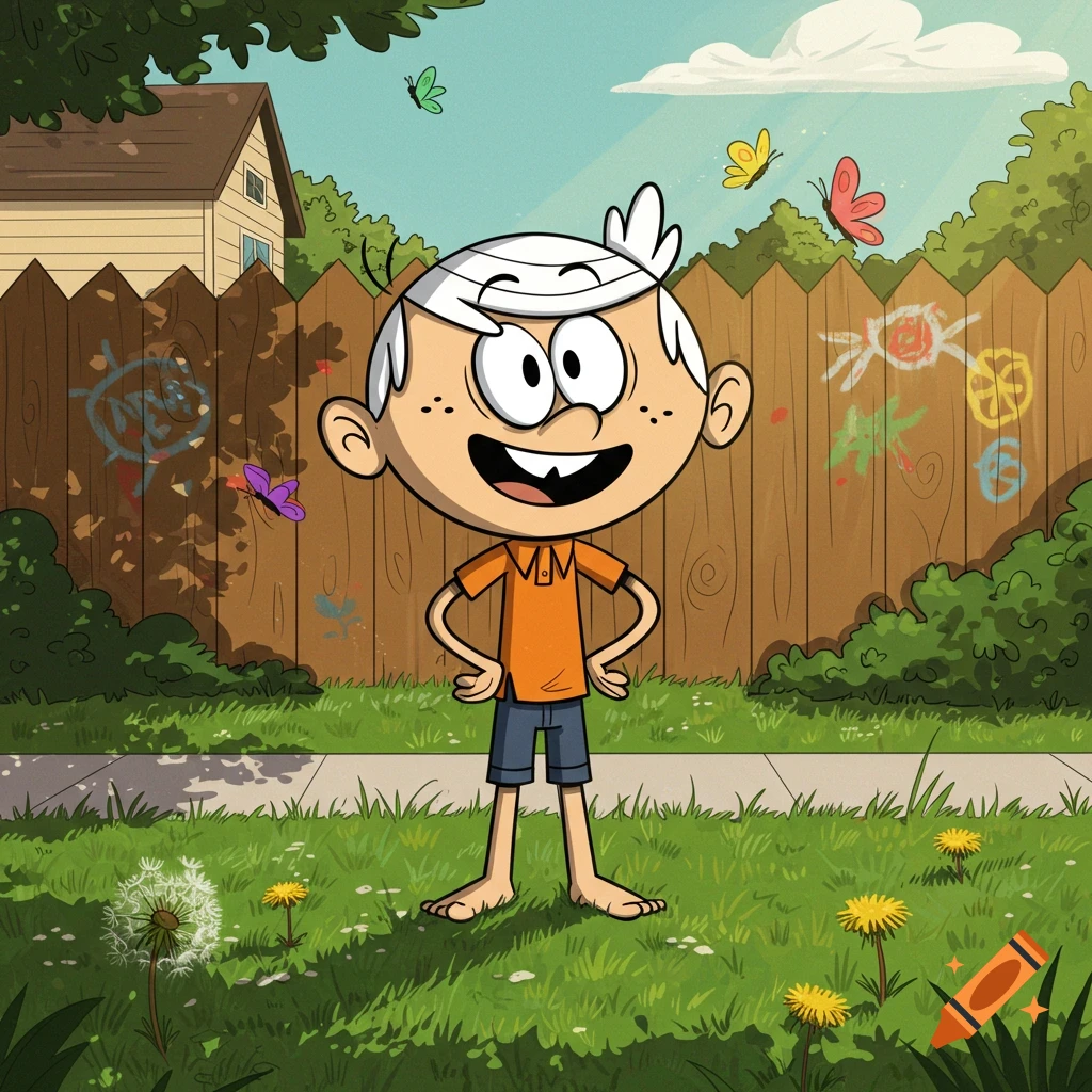Lincoln Loud stands barefoot in a grassy backyard with a wooden fence covered in colorful drawings, under a sunny sky with butterflies.