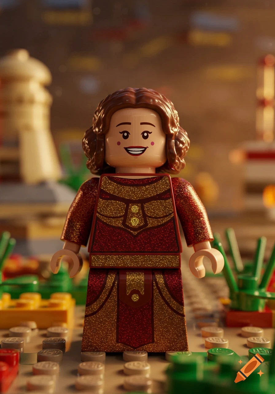 A Lego minifigure of Padm Amidala wearing a red and gold glittery dress smiles on a Lego base.