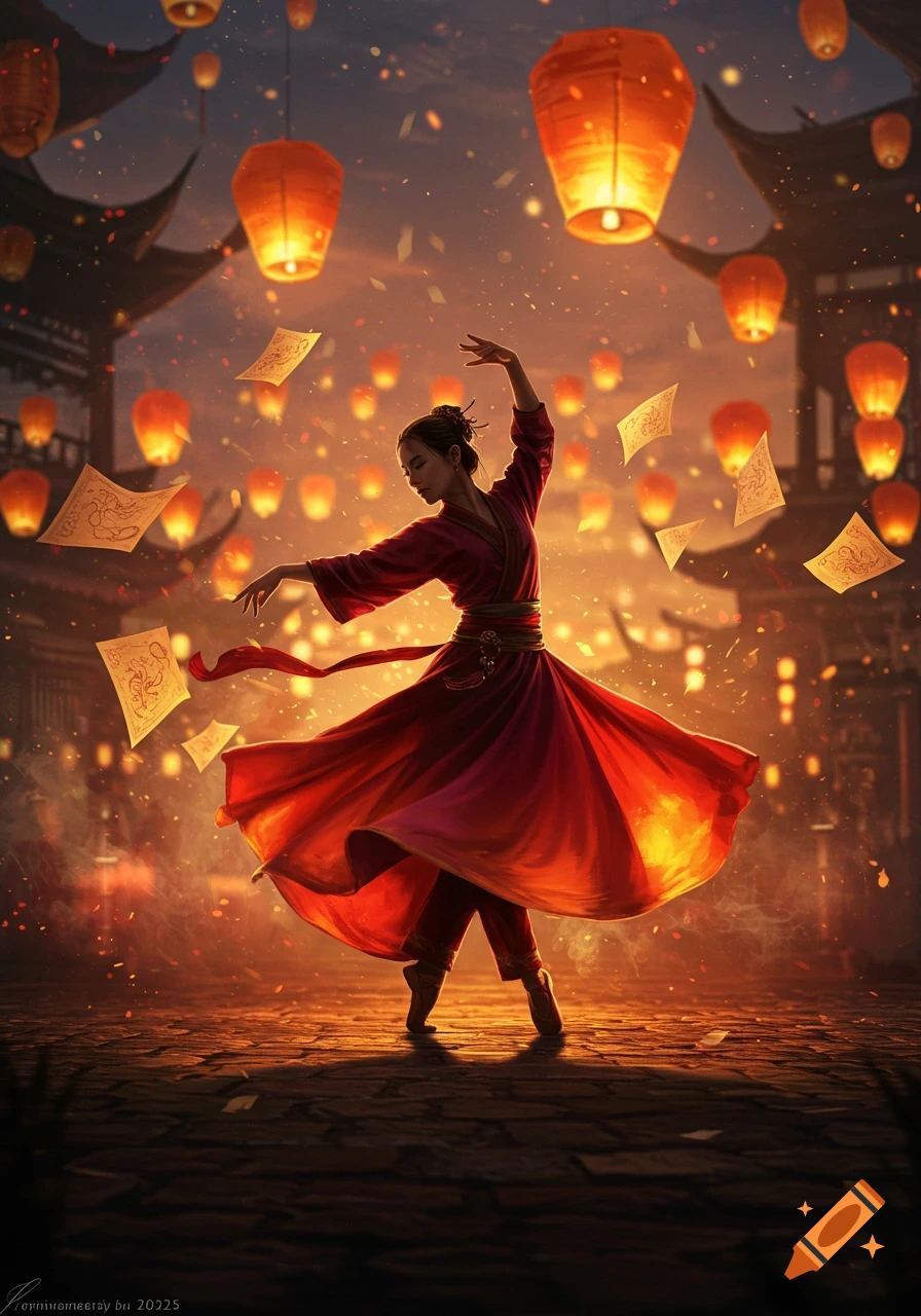 A woman in a red gown dances gracefully at night, surrounded by glowing orange lanterns and flying papers, with traditional Asian buildings in the background.