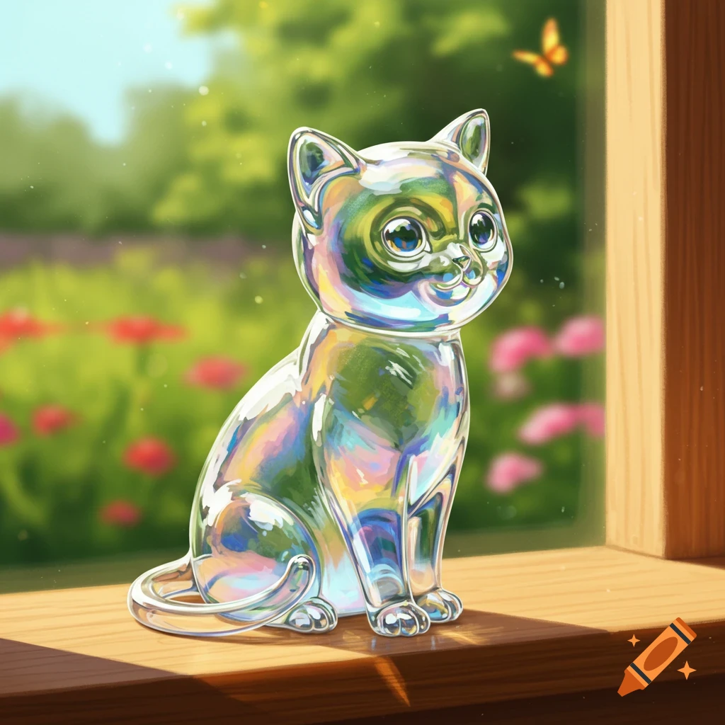 A cute, iridescent transparent glass cat figurine sits on a windowsill with a blurred sunny garden background.