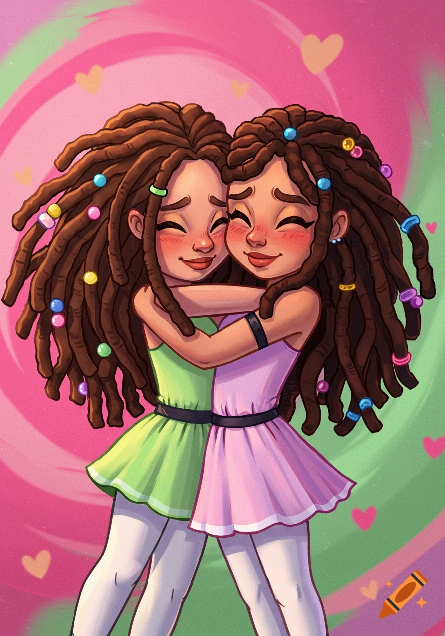 A vibrant cartoon of two dark-skinned girls with dreadlocks, wearing colorful dresses, hugging with joyful expressions.