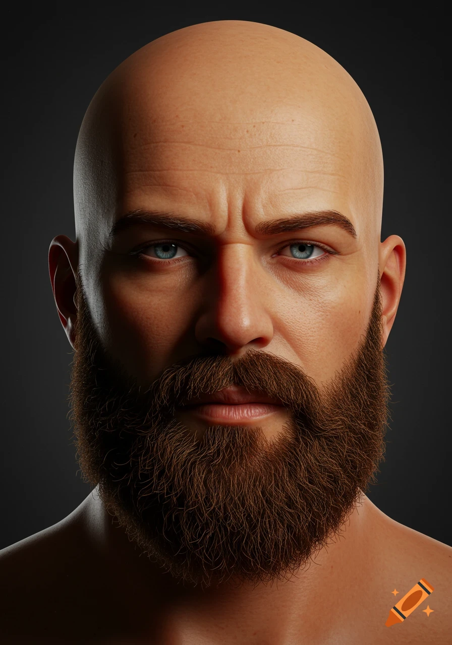 Close-up photorealistic portrait of a bald man with a full brown beard, staring intently.