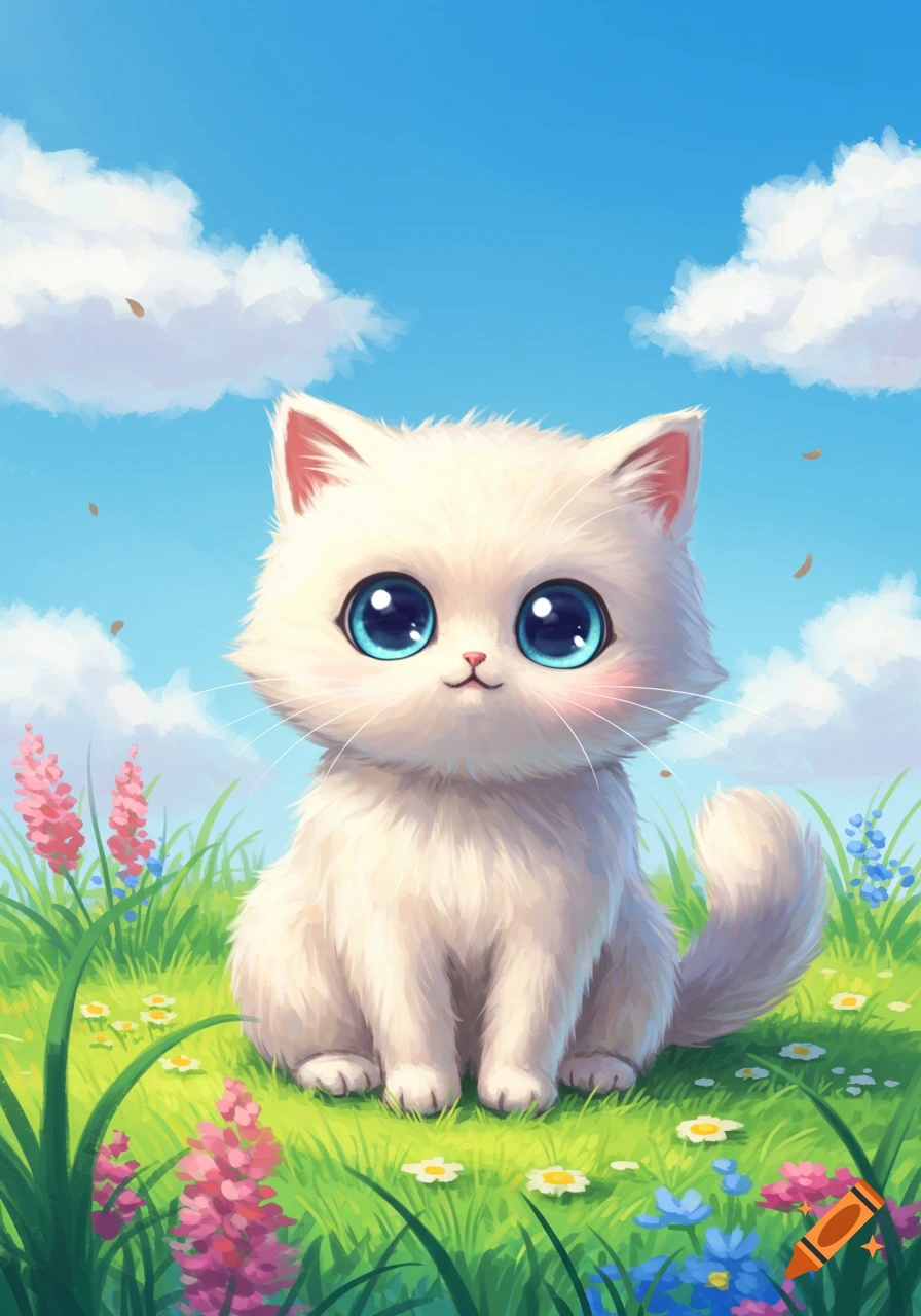 A fluffy white cartoon kitten with huge blue eyes sits in a vibrant green field with colorful flowers under a bright blue sky with white clouds.