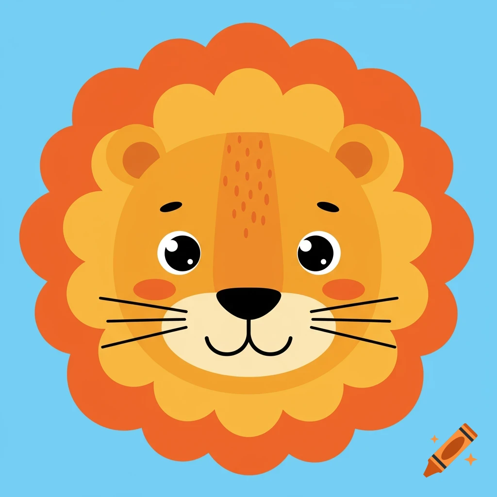 Friendly cartoon lion face with a bright orange mane, in a flat design style, on a blue background.
