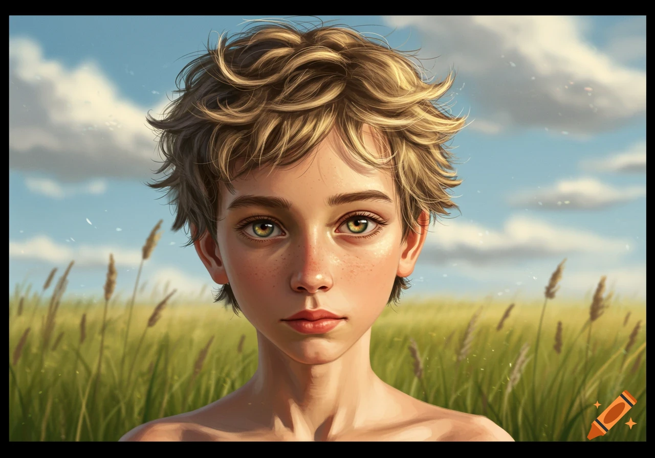 Hyperrealistic portrait of a young boy with dirty blonde curly hair, hazel eyes, and freckles, standing in a sunny grassy field.