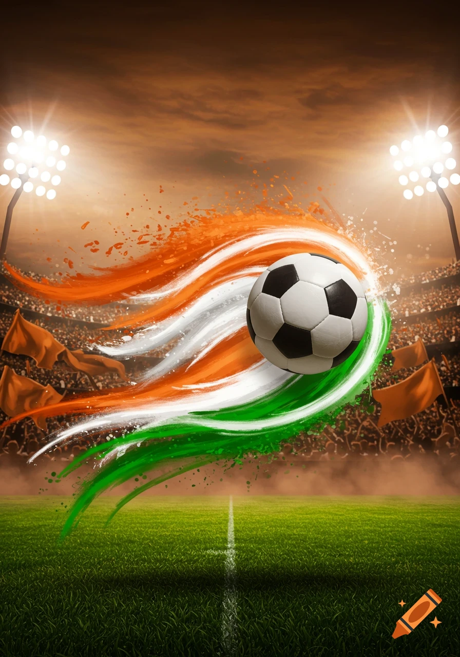 A soccer ball flies through a stadium, leaving a dynamic trail of orange, white, and green colors, resembling the Indian flag.