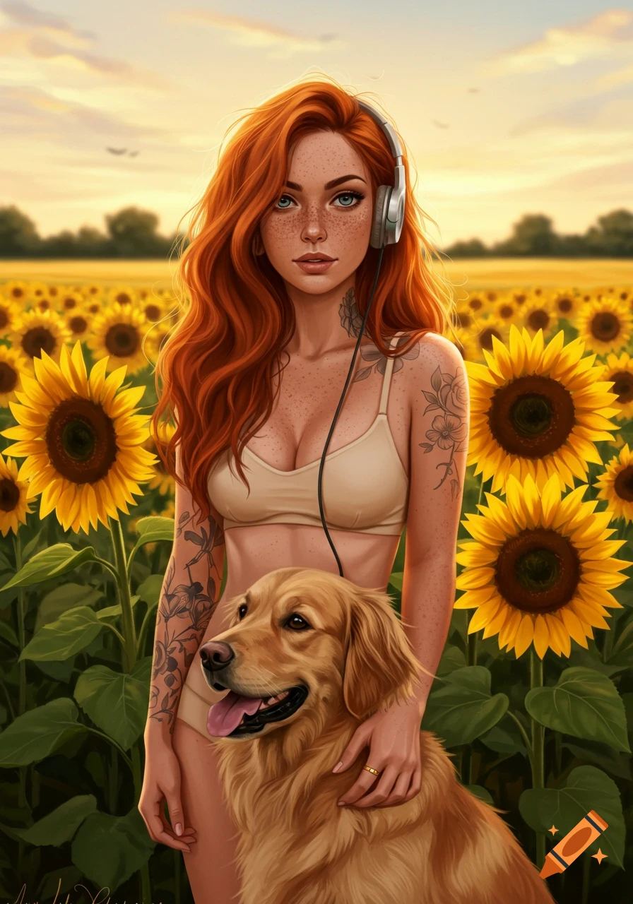 A red-haired woman with freckles and tattoos, wearing headphones and a bralette, stands in a sunflower field petting a golden retriever in this digital art piece.